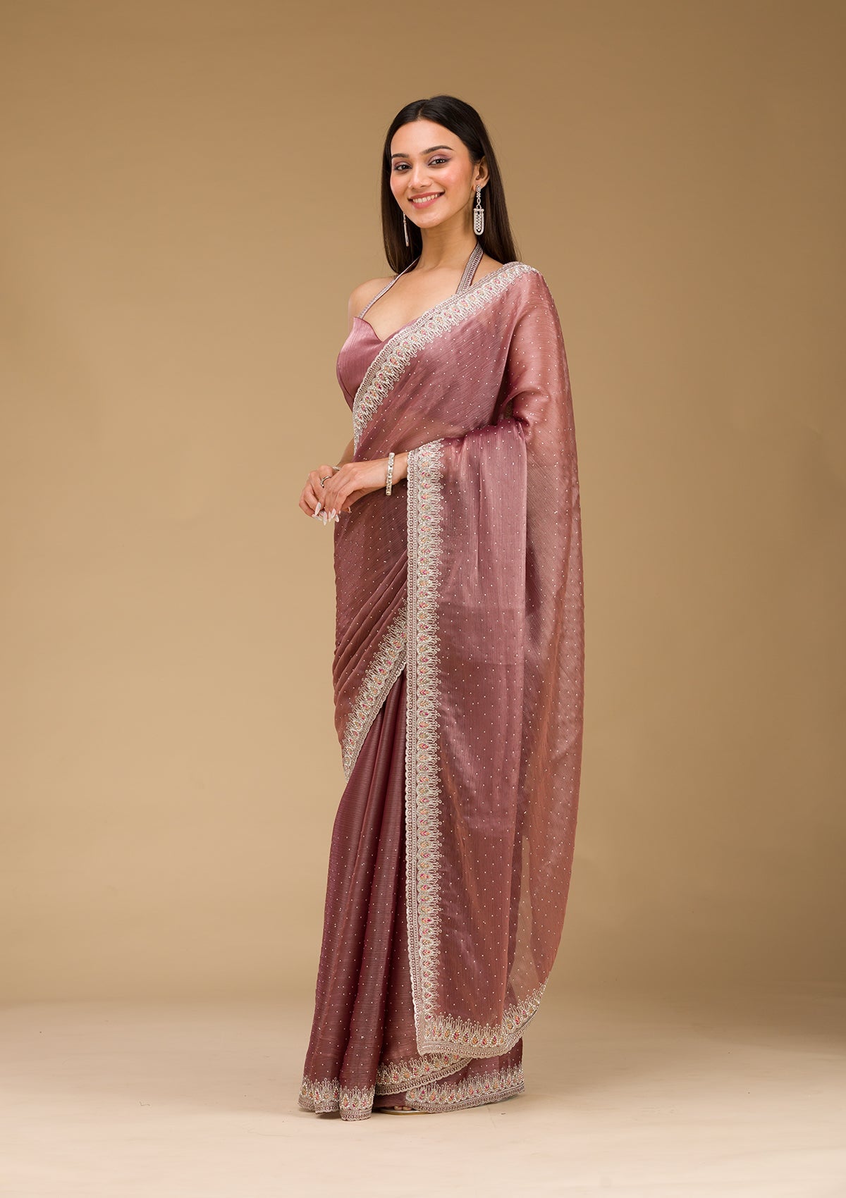 Rust Stonework Chiffon Saree