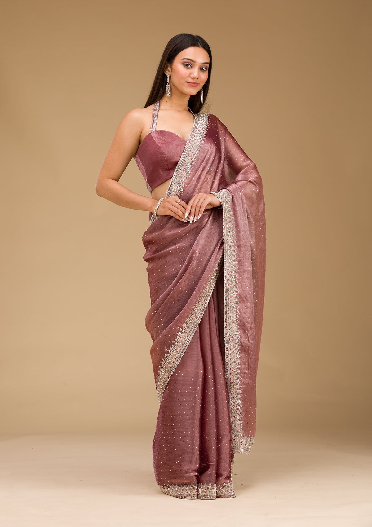 Rust Stonework Chiffon Saree-Koskii