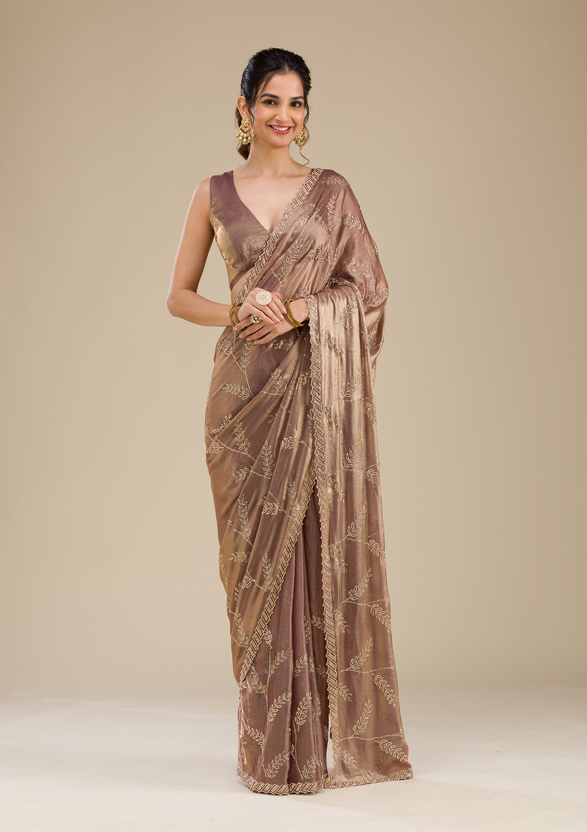 Rust Stonework Satin Saree-Koskii