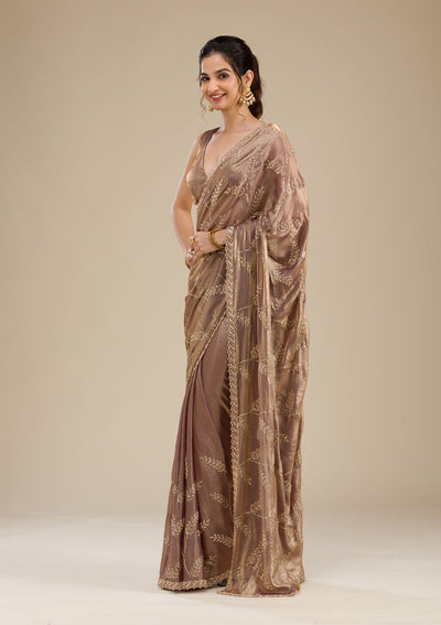 Rust Stonework Satin Saree-Koskii