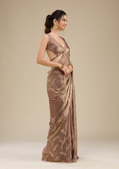 Rust Stonework Satin Saree-Koskii