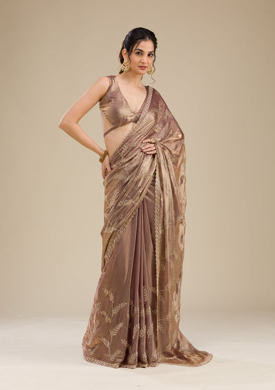 Rust Stonework Satin Saree-Koskii