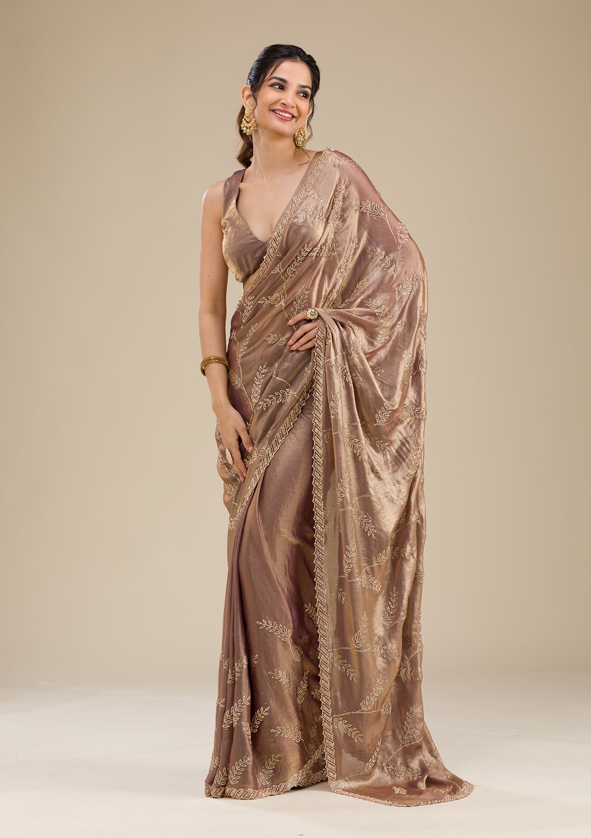 Rust Stonework Satin Saree-Koskii