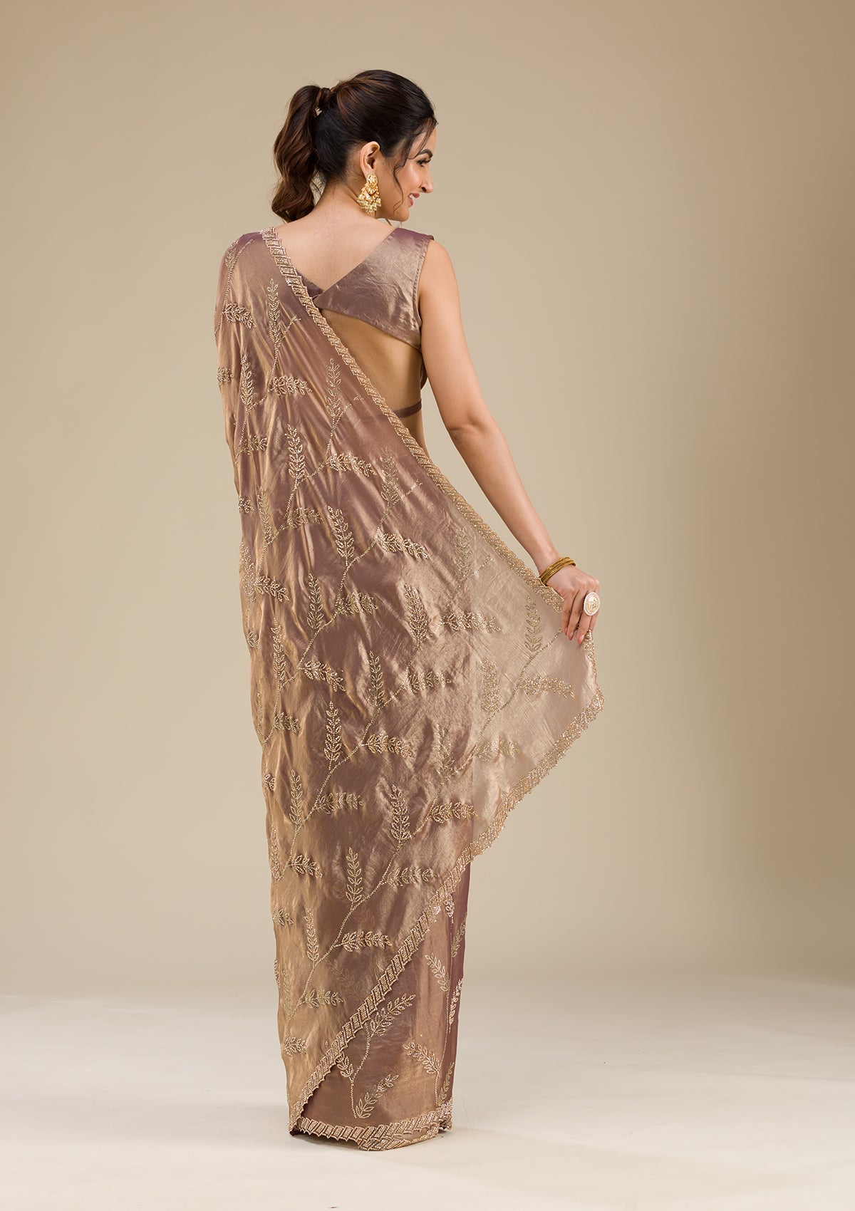 Rust Stonework Satin Saree-Koskii