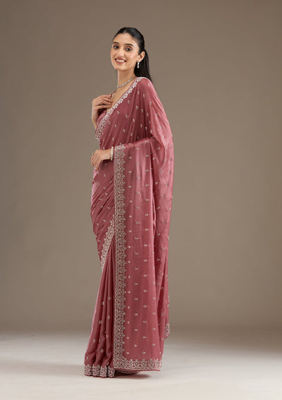 Rust Stonework Satin Saree-Koskii