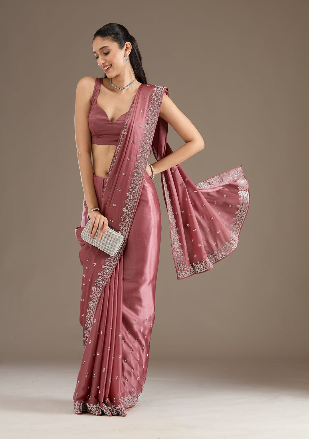 Rust Stonework Satin Saree-Koskii