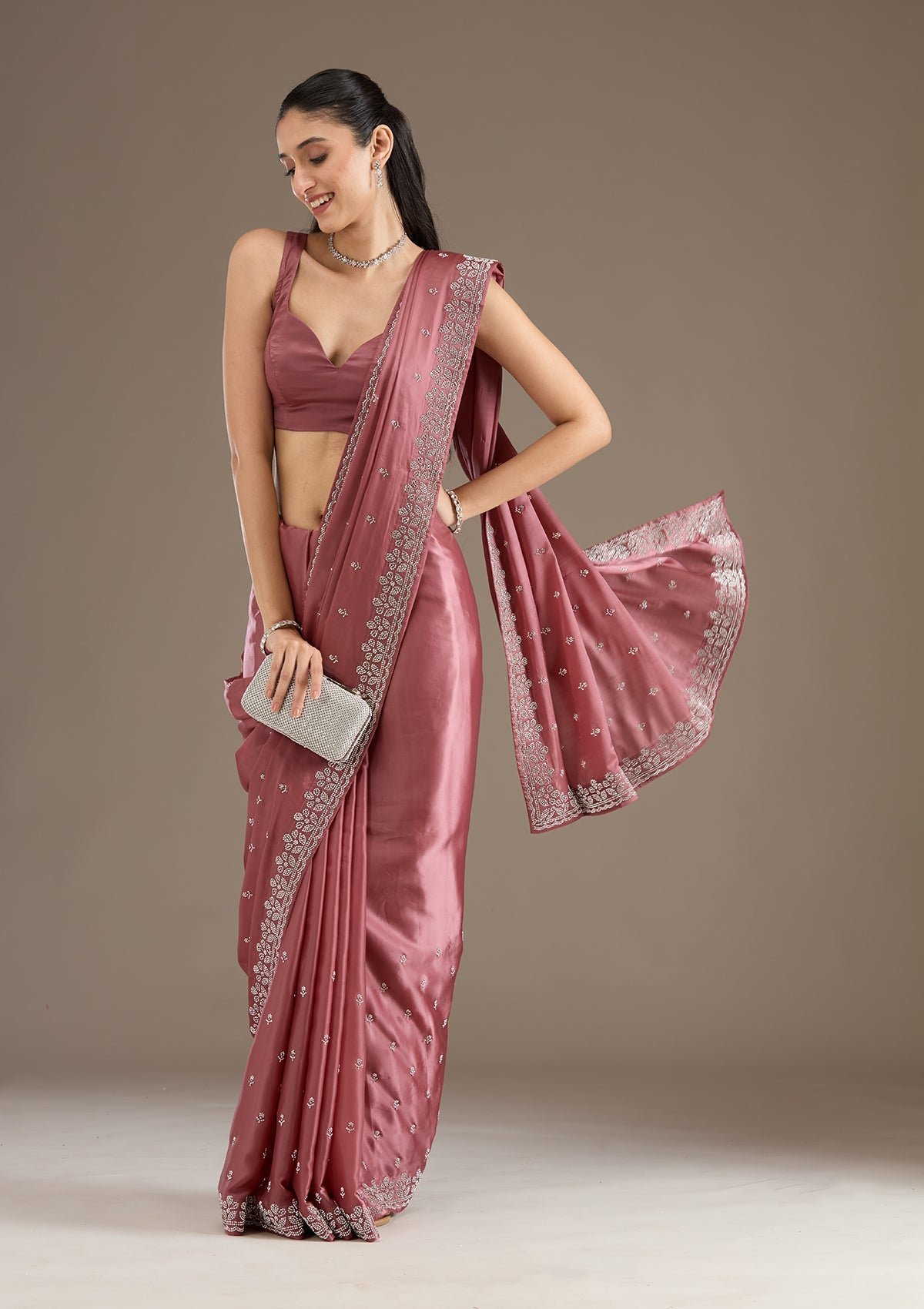 Rust Stonework Satin Saree-Koskii