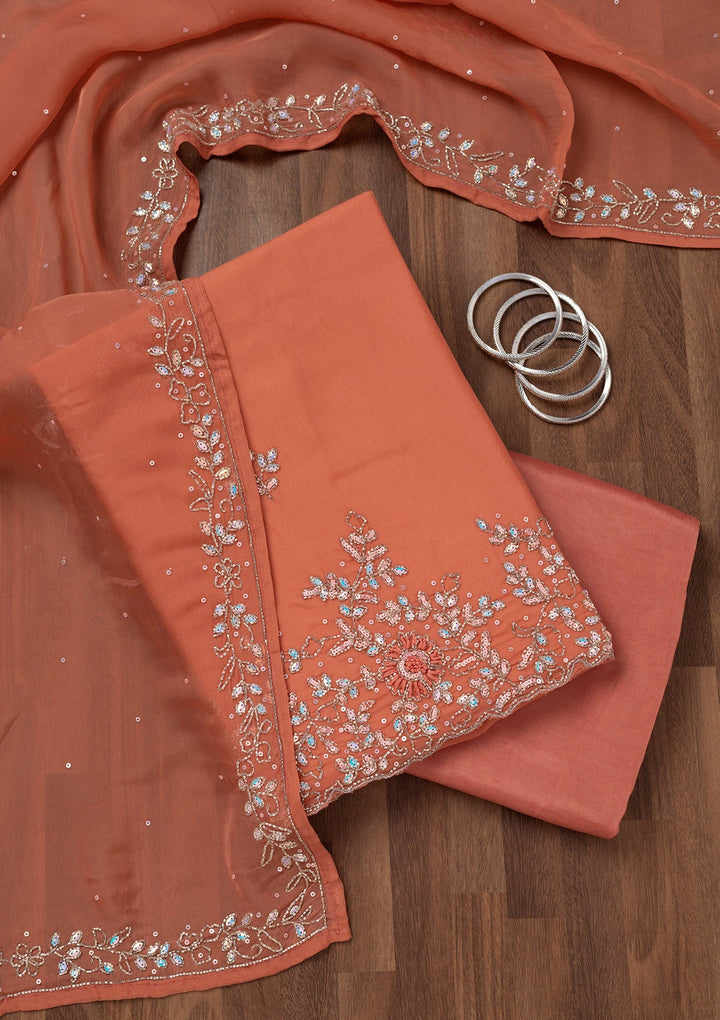 Rust Stonework Tissue Unstitched Salwar Suit-Koskii