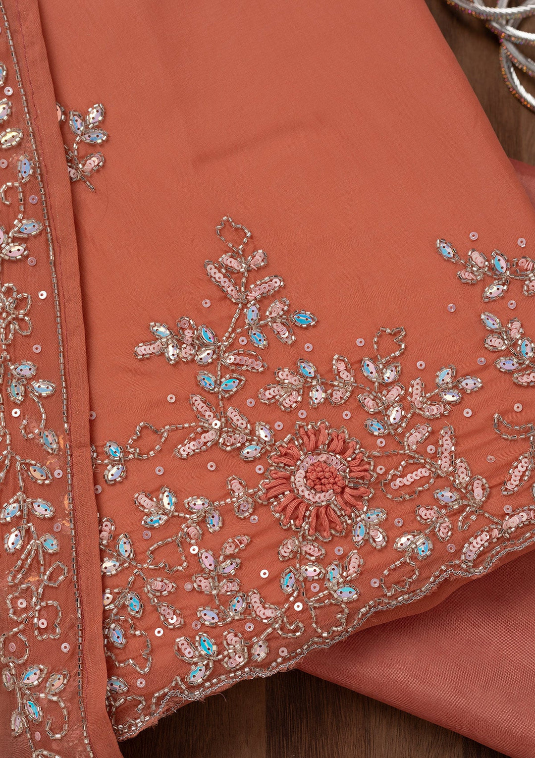 Rust Stonework Tissue Unstitched Salwar Suit-Koskii