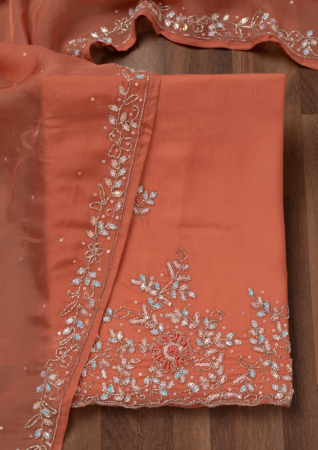 Rust Stonework Tissue Unstitched Salwar Suit-Koskii
