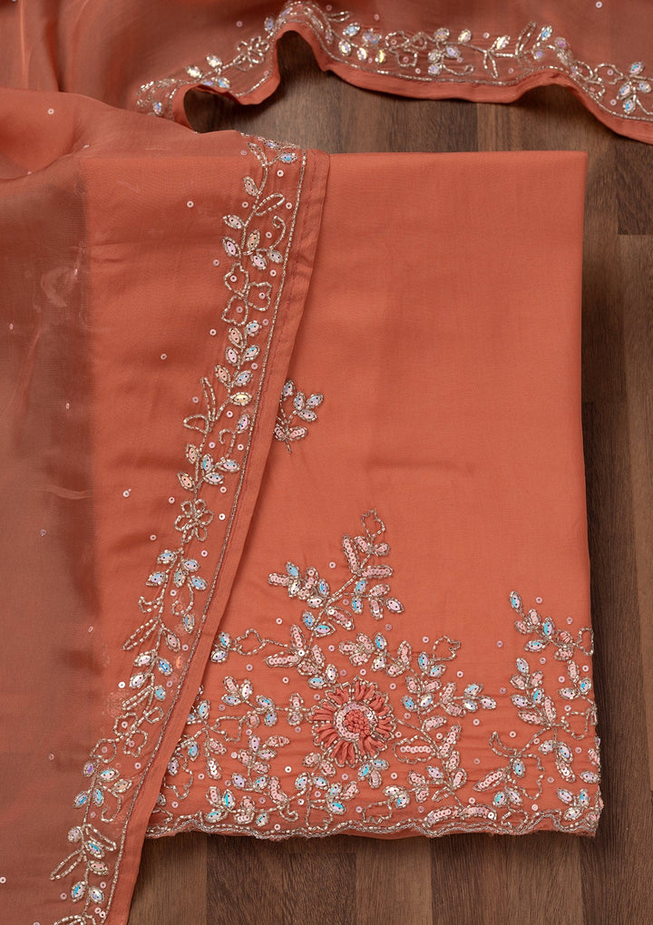 Rust Stonework Tissue Unstitched Salwar Suit-Koskii