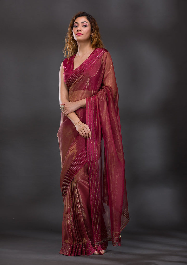 Rust Swarovski Tissue Saree-Koskii