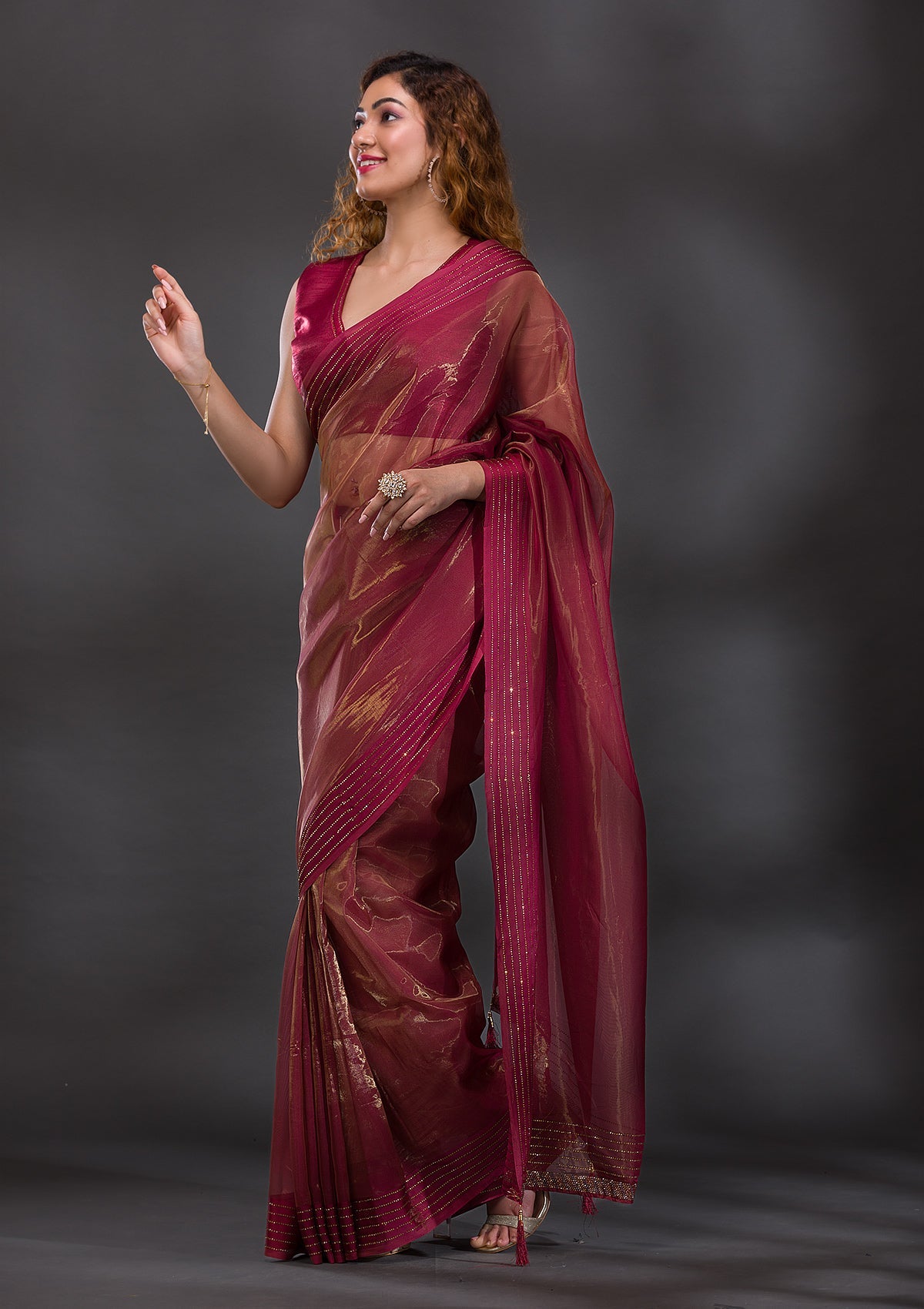 Rust Swarovski Tissue Saree-Koskii
