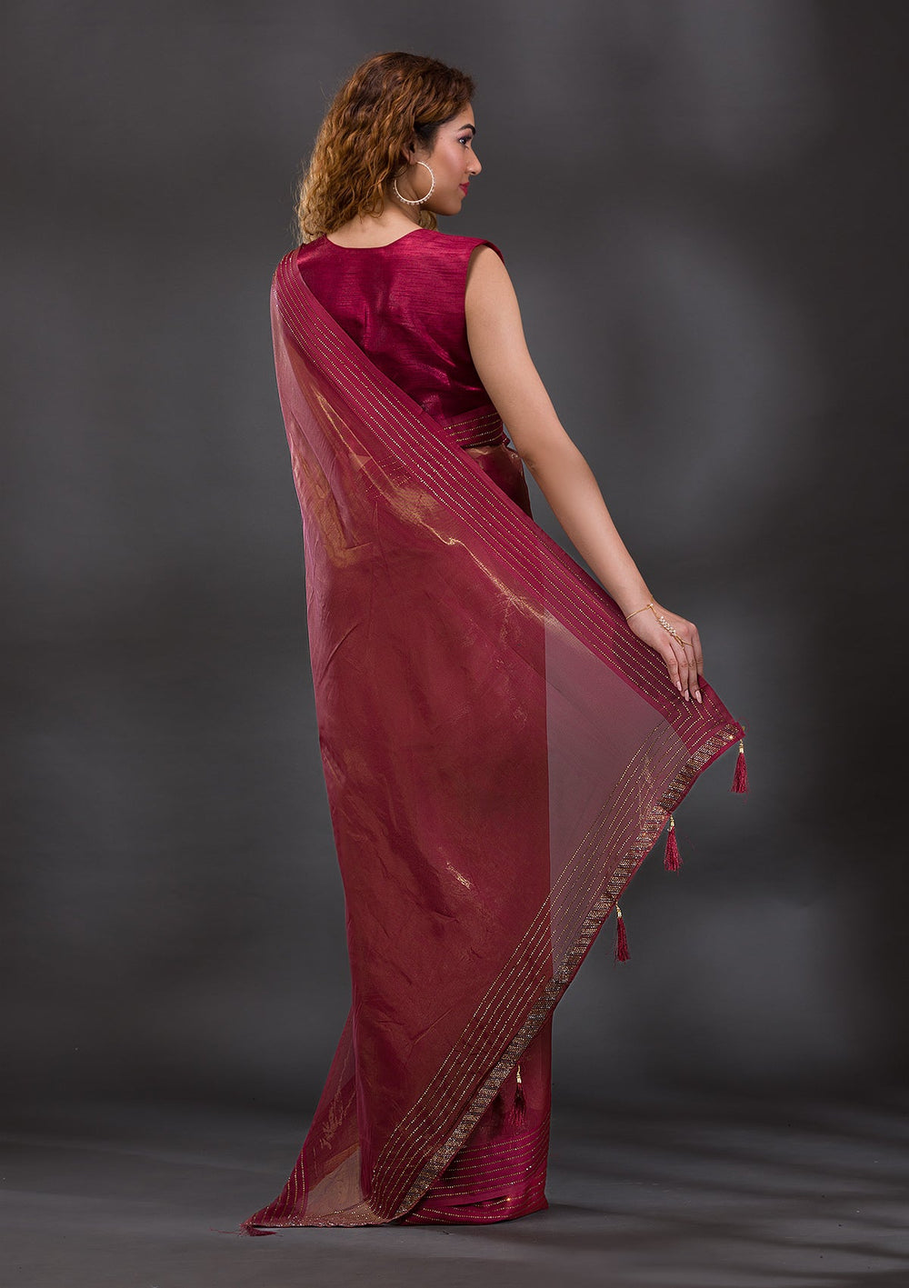 Rust Swarovski Tissue Saree-Koskii
