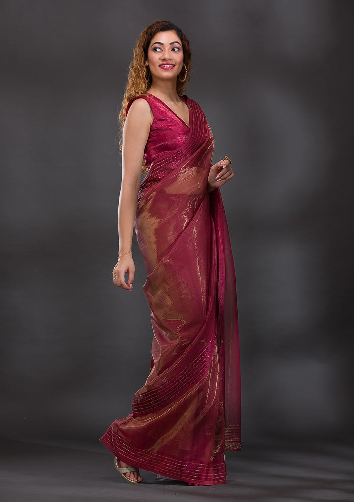 Rust Swarovski Tissue Saree-Koskii