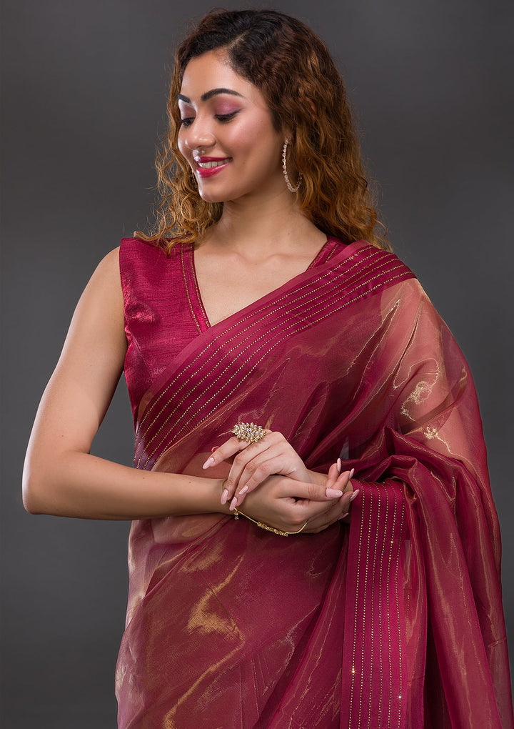 Rust Swarovski Tissue Saree-Koskii