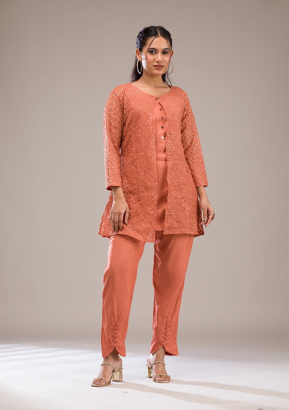 Rust Threadwork Georgette Readymade Salwar Suit-Koskii