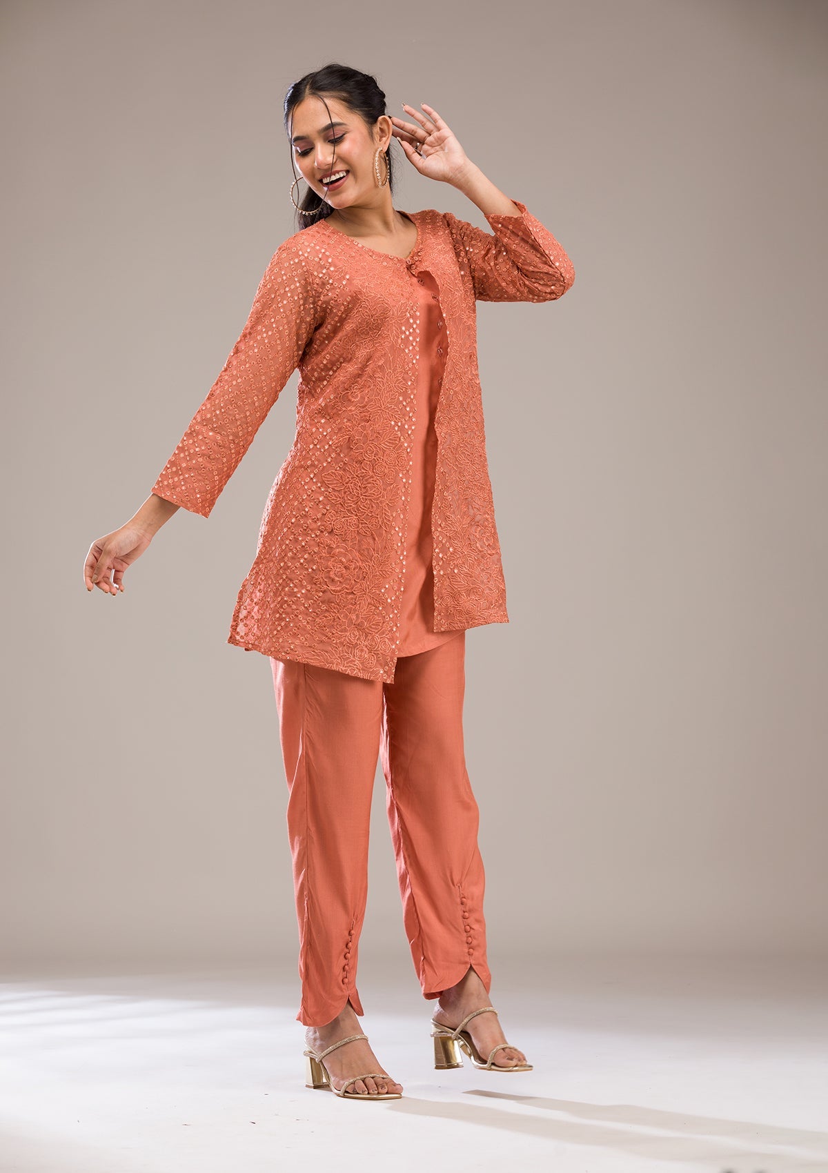 Rust Threadwork Georgette Readymade Salwar Suit-Koskii