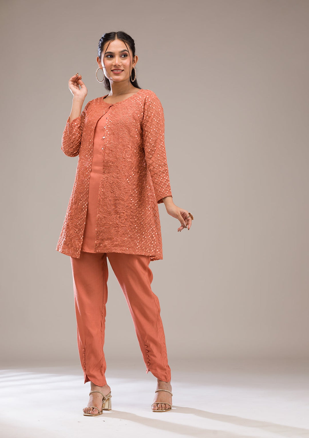 Rust Threadwork Georgette Readymade Salwar Suit-Koskii