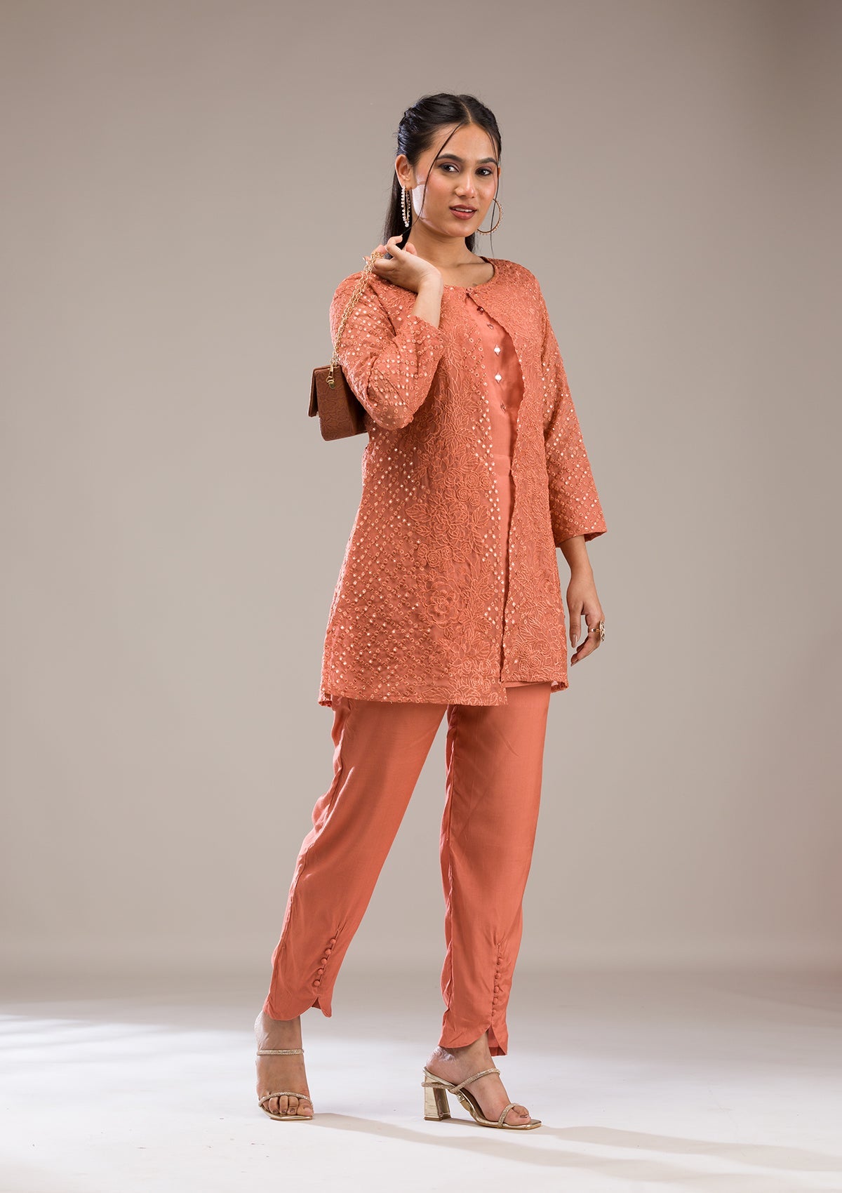 Rust Threadwork Georgette Readymade Salwar Suit-Koskii