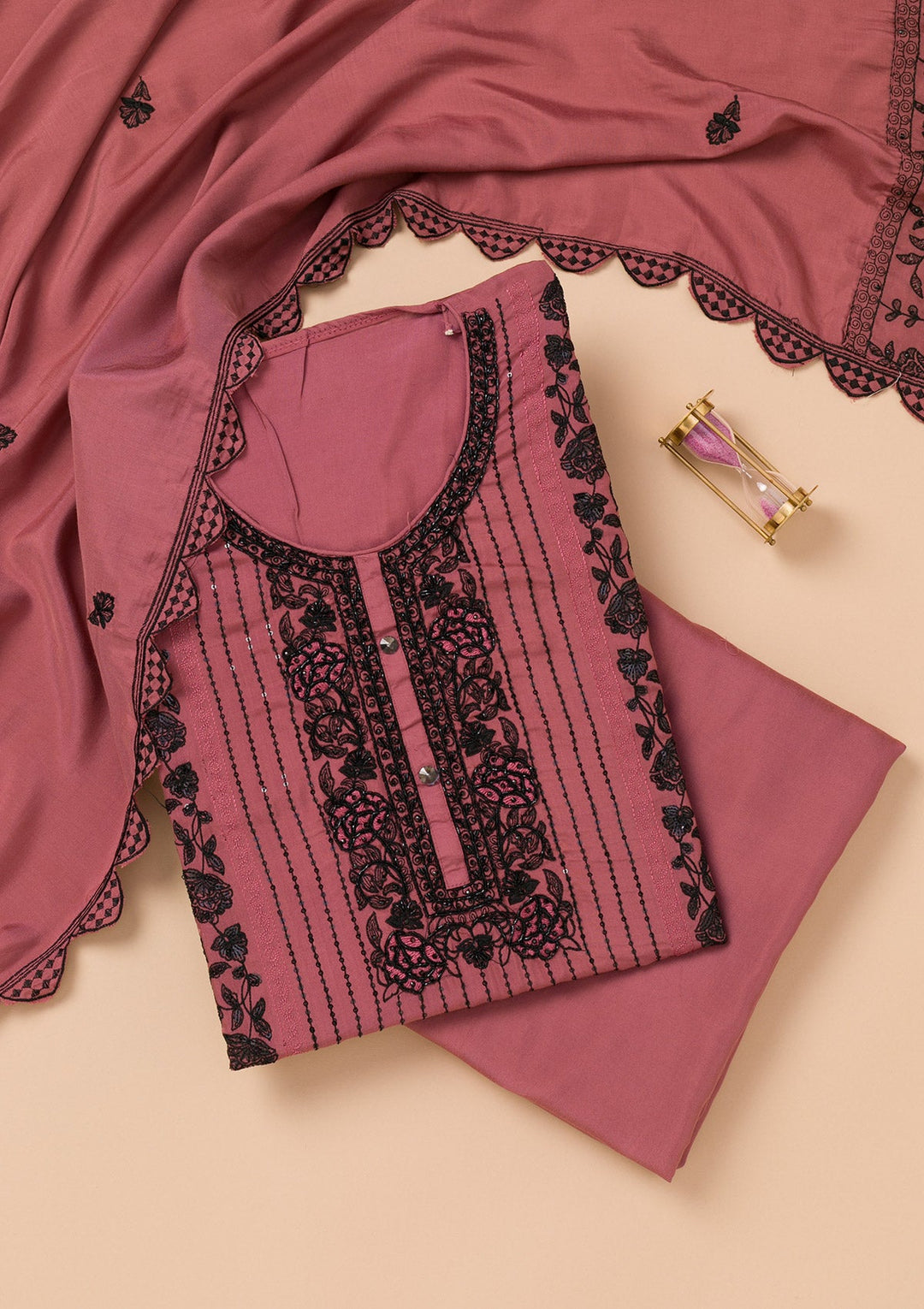 Rust Threadwork Semi Crepe Unstitched Salwar Suit-Koskii