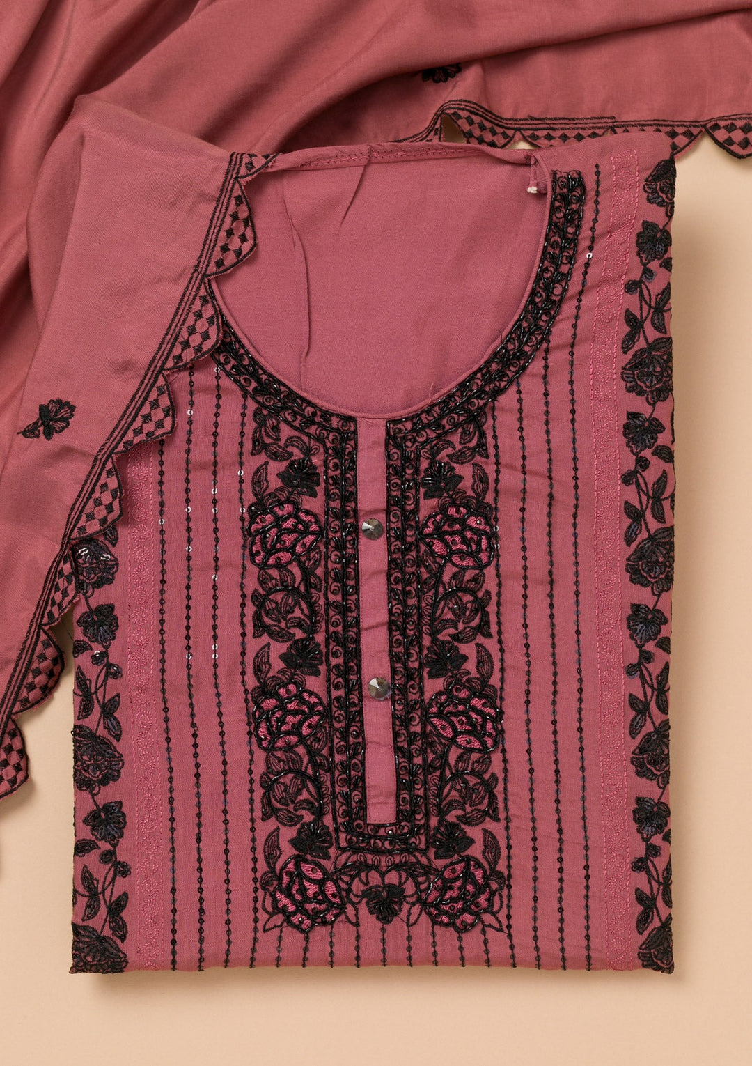 Rust Threadwork Semi Crepe Unstitched Salwar Suit-Koskii