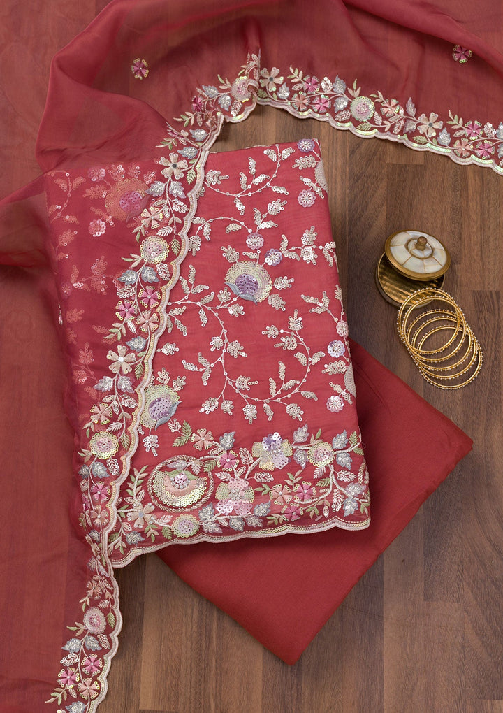 Rust Threadwork Tissue Unstitched Salwar Suit-Koskii