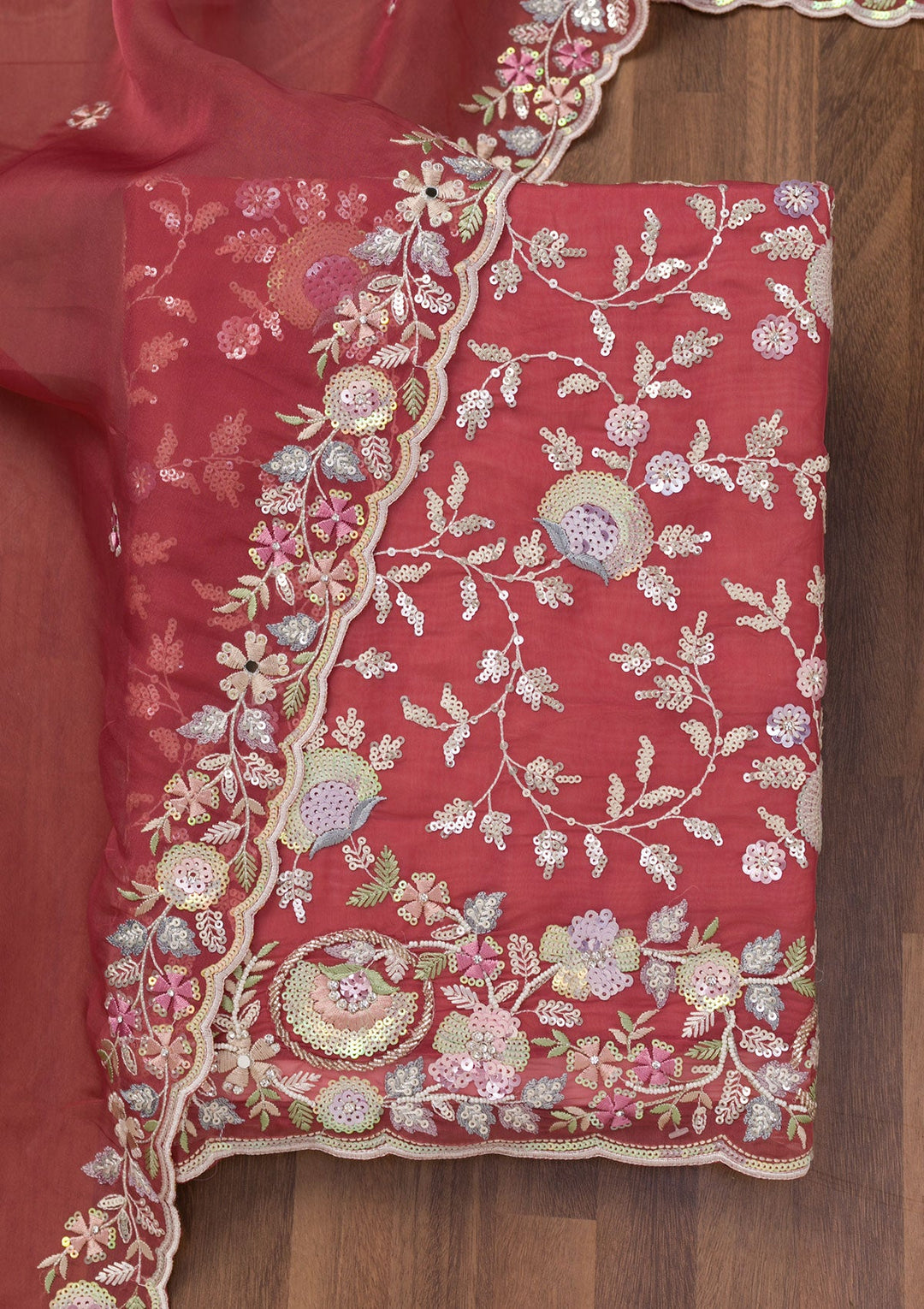 Rust Threadwork Tissue Unstitched Salwar Suit-Koskii