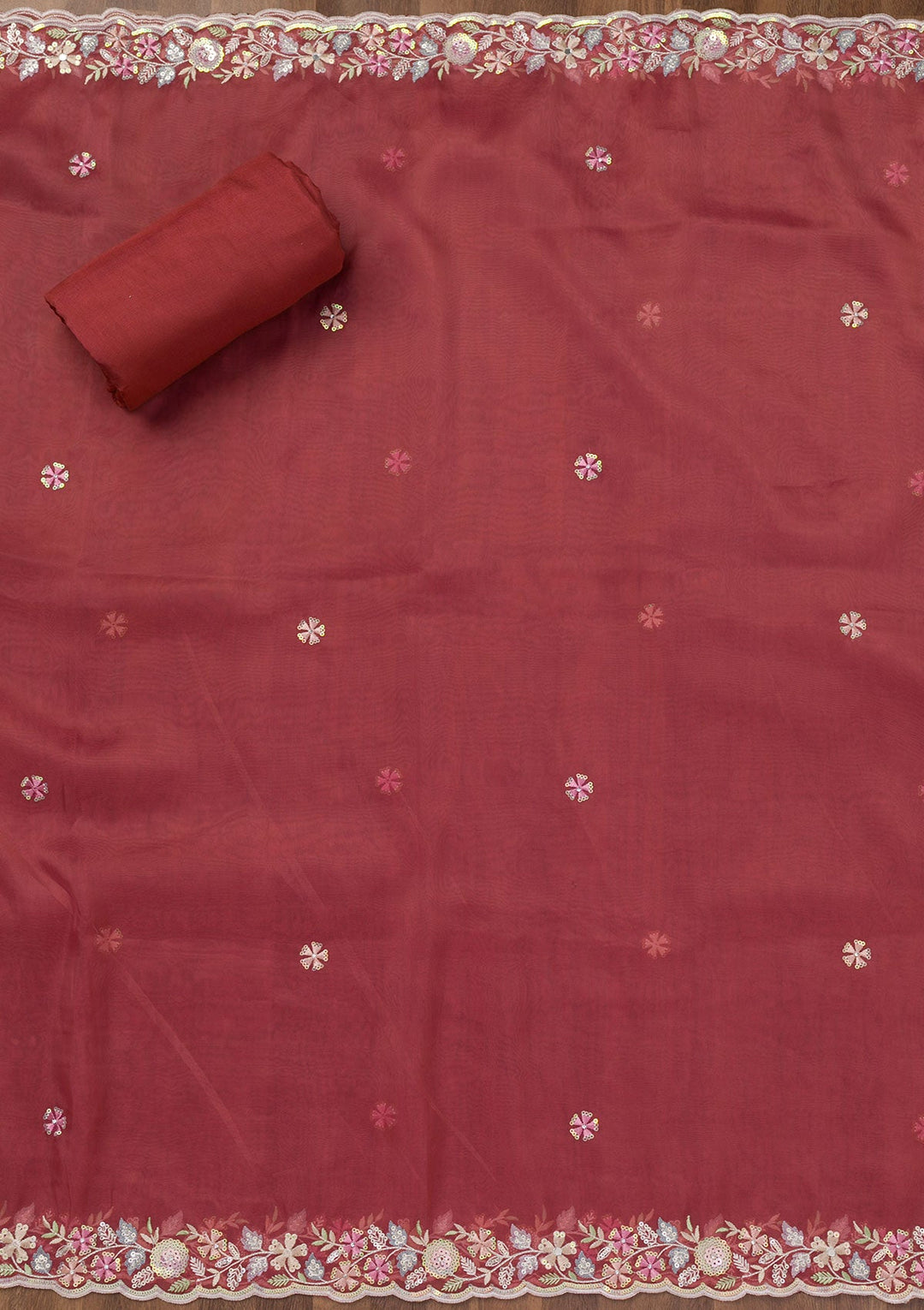 Rust Threadwork Tissue Unstitched Salwar Suit-Koskii