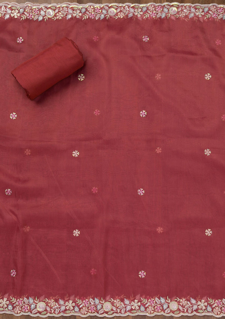 Rust Threadwork Tissue Unstitched Salwar Suit-Koskii