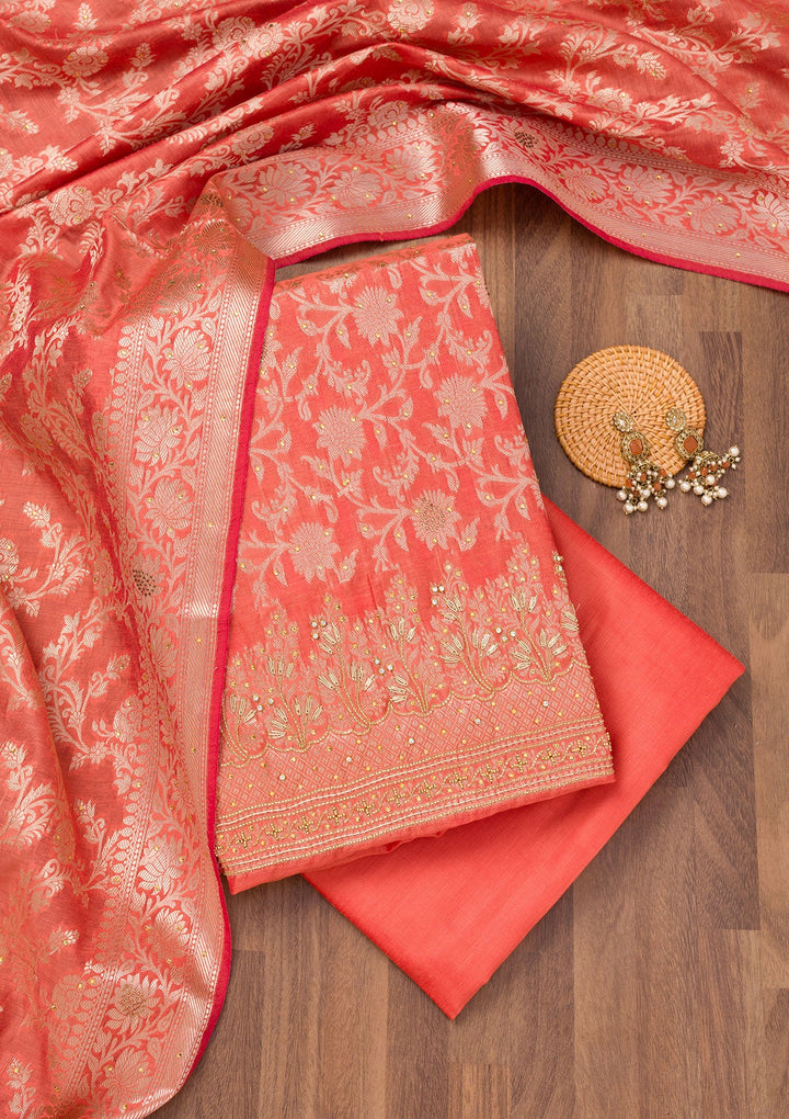 Rust Zariwork Banarasi Unstitched Salwar Suit-Koskii