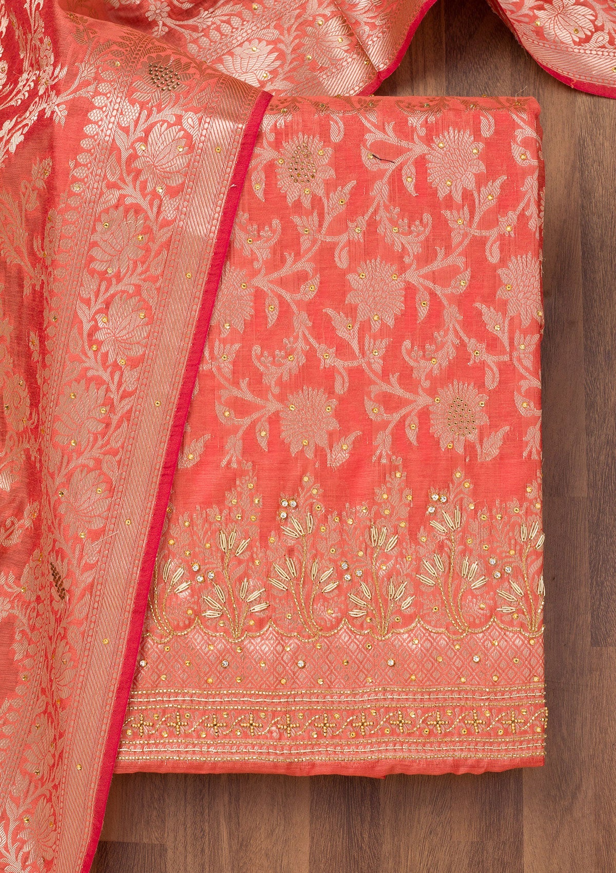 Rust Zariwork Banarasi Unstitched Salwar Suit-Koskii