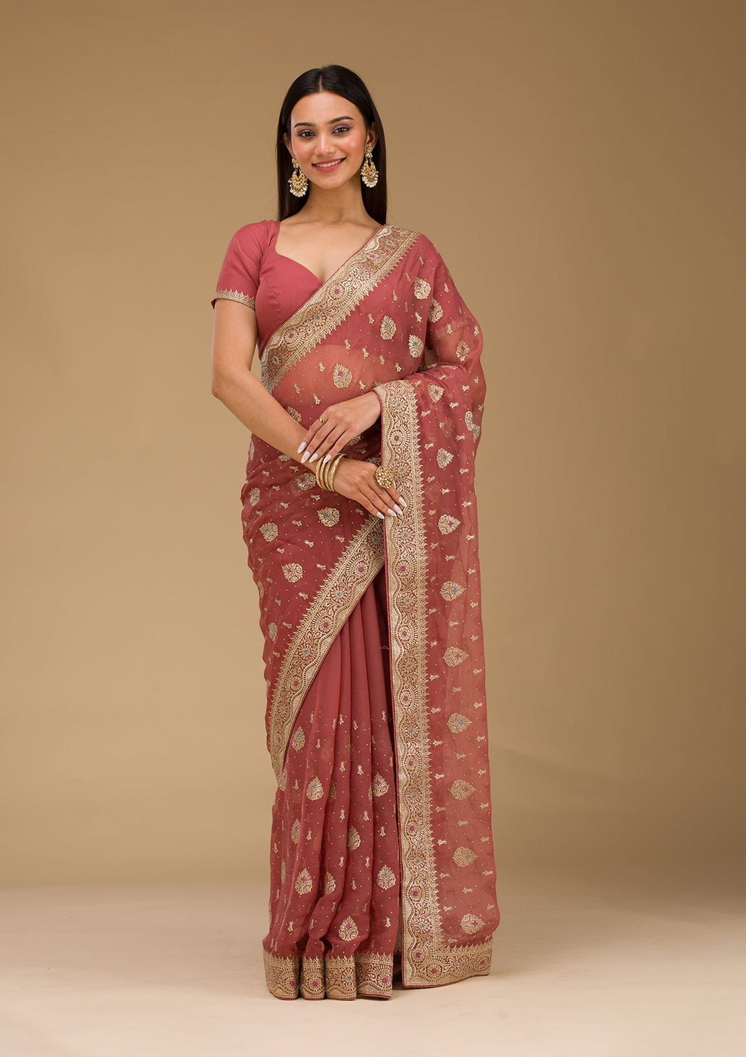Rust Zariwork Chiffon Saree