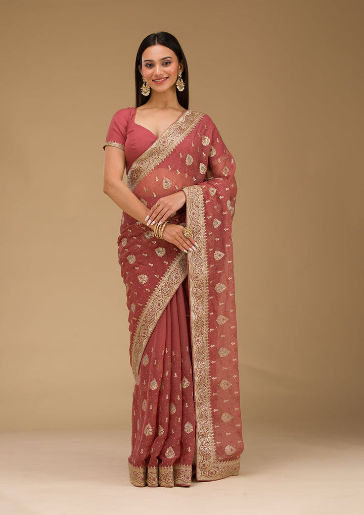 Rust Zariwork Chiffon Saree