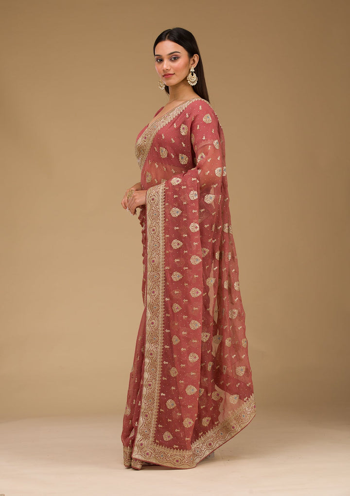Rust Zariwork Chiffon Saree