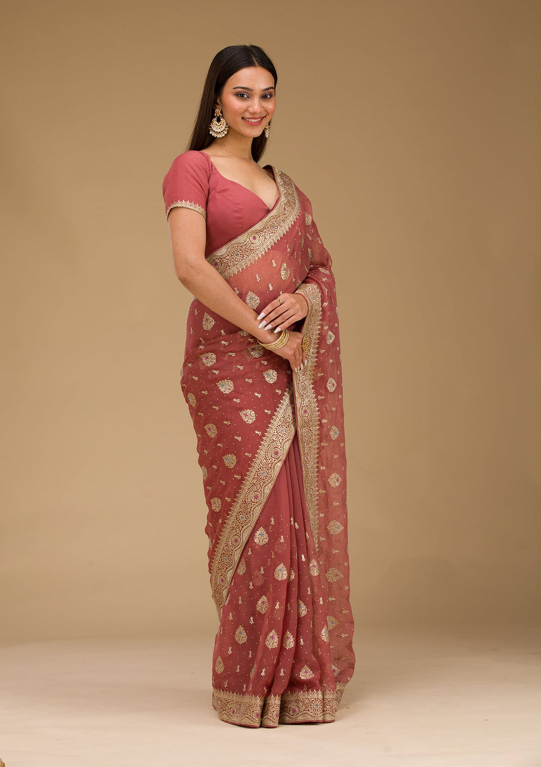 Rust Zariwork Chiffon Saree