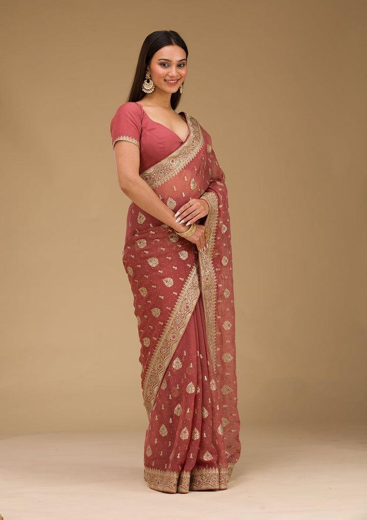 Rust Zariwork Chiffon Saree