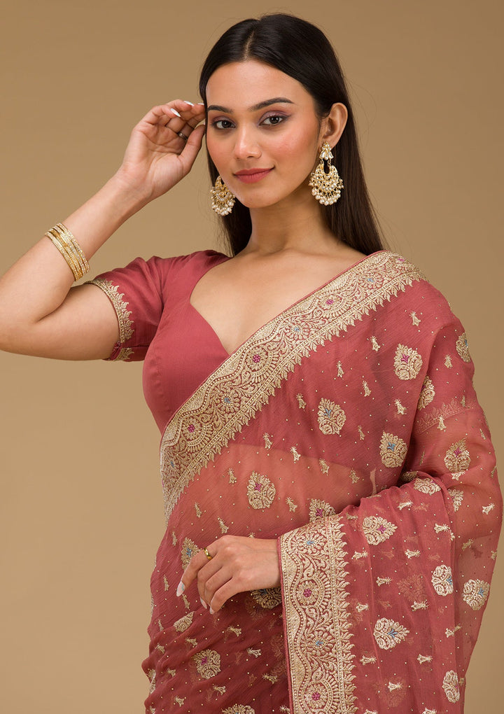Rust Zariwork Chiffon Saree