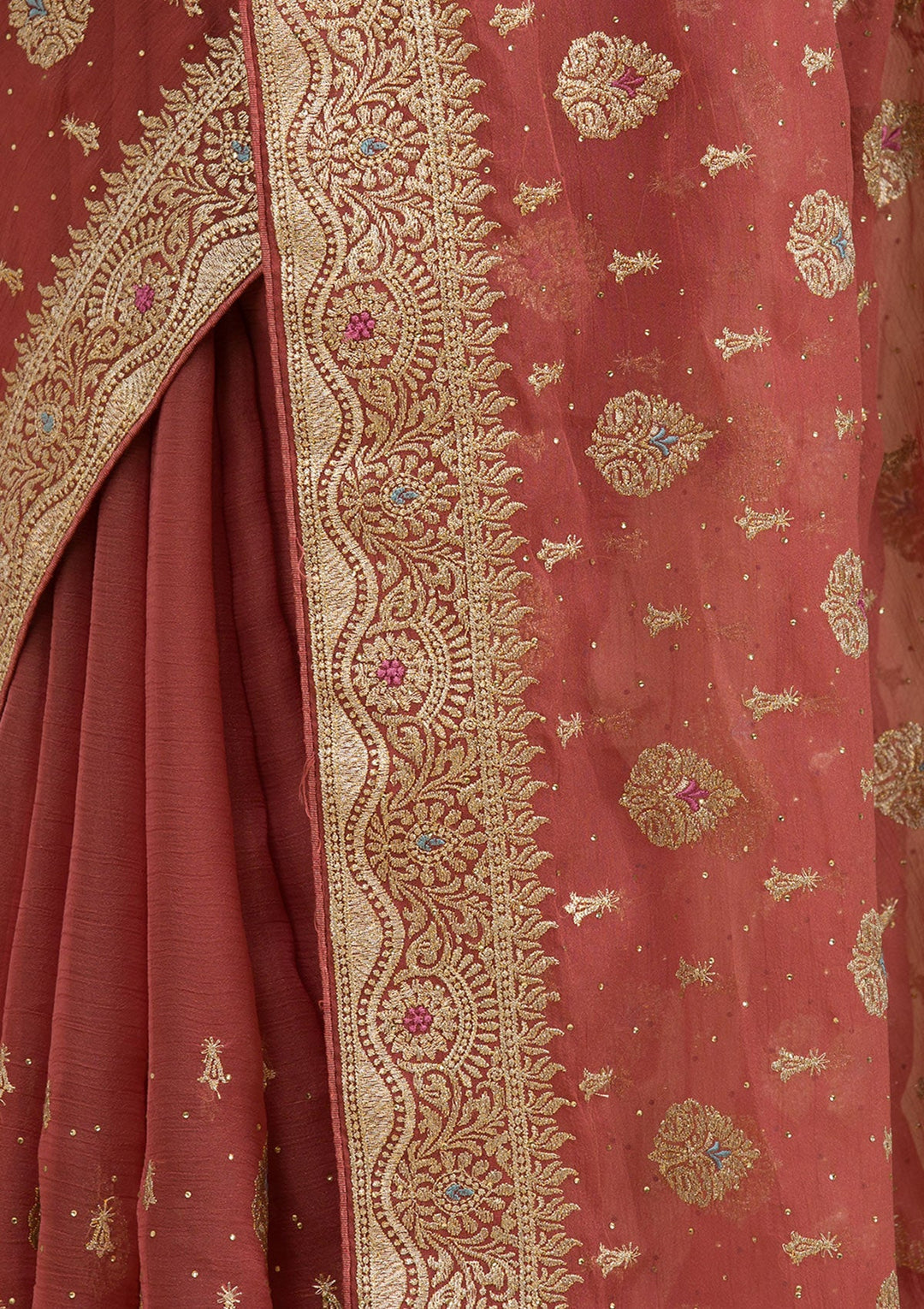 Rust Zariwork Chiffon Saree