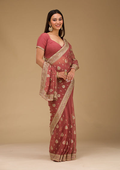 Rust Zariwork Chiffon Saree-Koskii