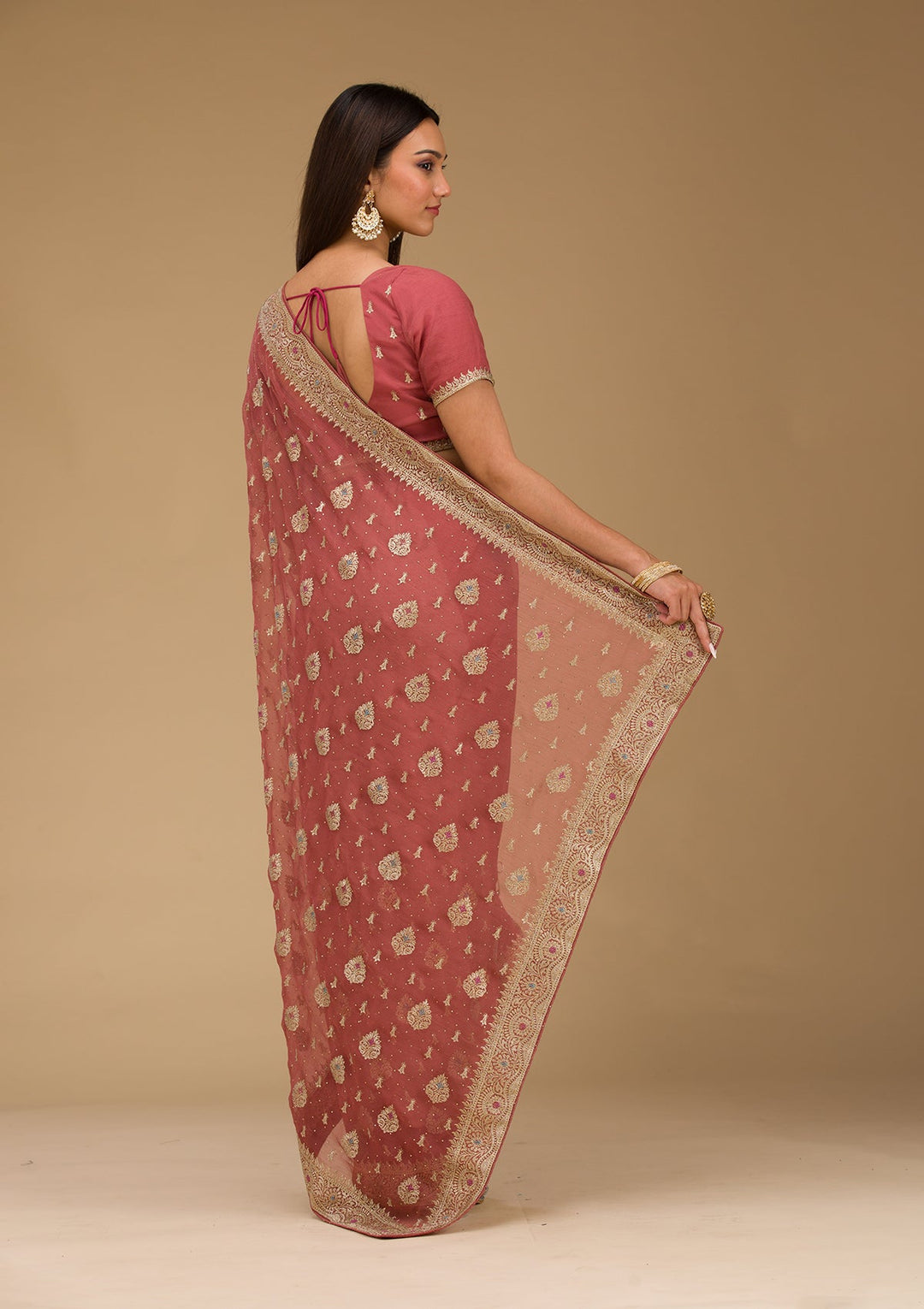 Rust Zariwork Chiffon Saree