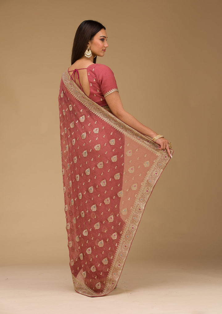 Rust Zariwork Chiffon Saree