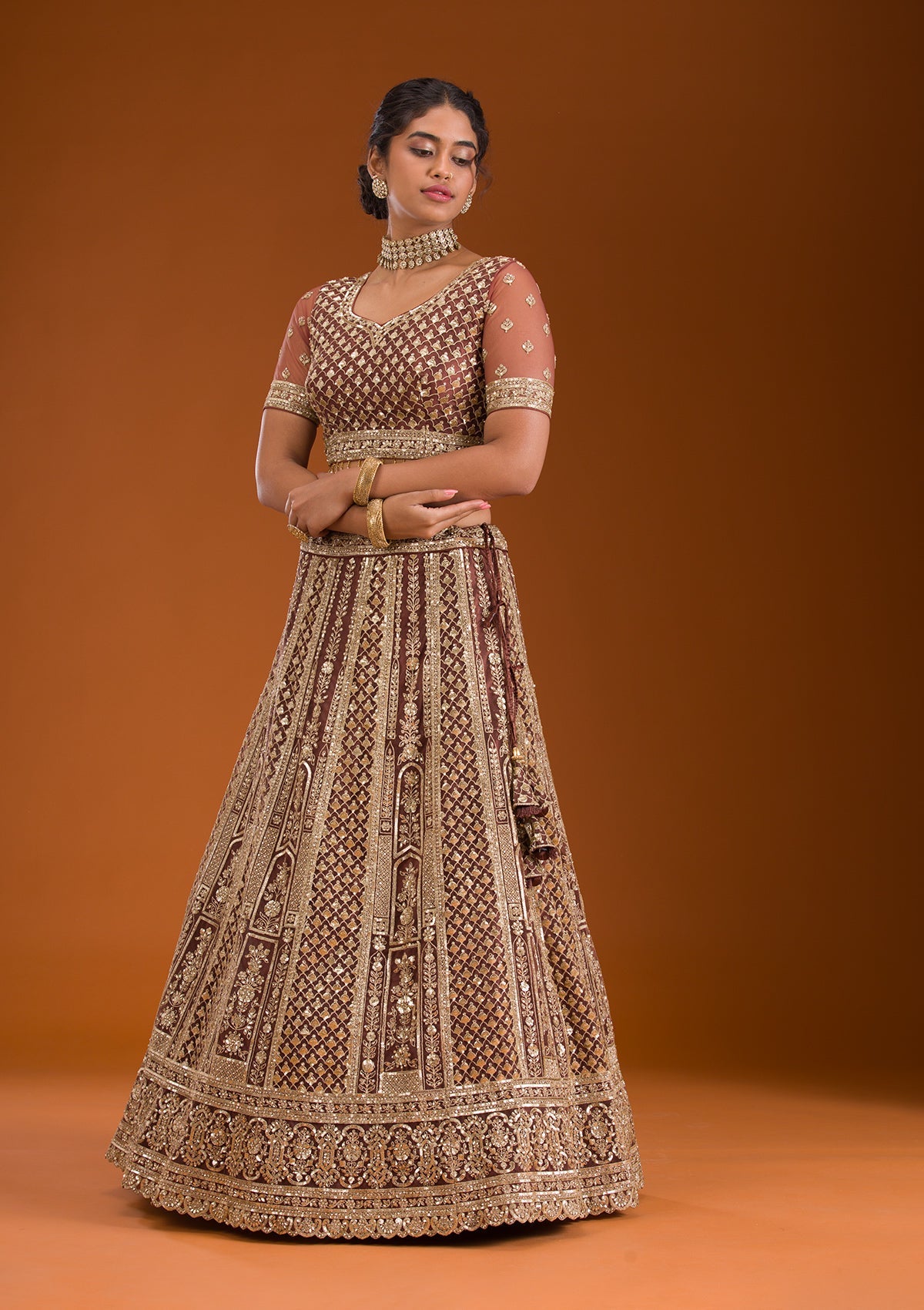 Rust Zariwork Net Readymade Lehenga-Koskii