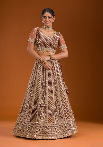 Rust Zariwork Net Readymade Lehenga-Koskii