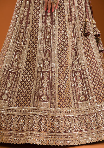 Rust Zariwork Net Readymade Lehenga-Koskii