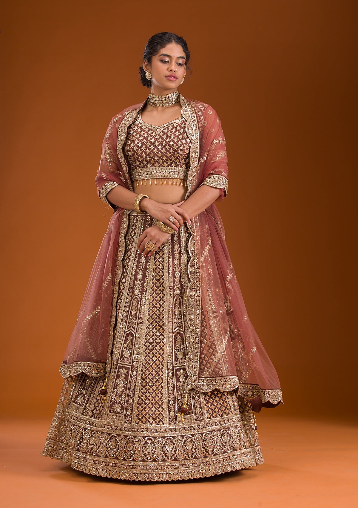 Rust Zariwork Net Readymade Lehenga-Koskii