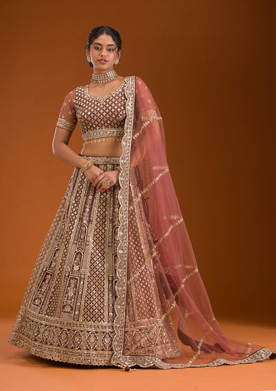 Rust Zariwork Net Readymade Lehenga-Koskii