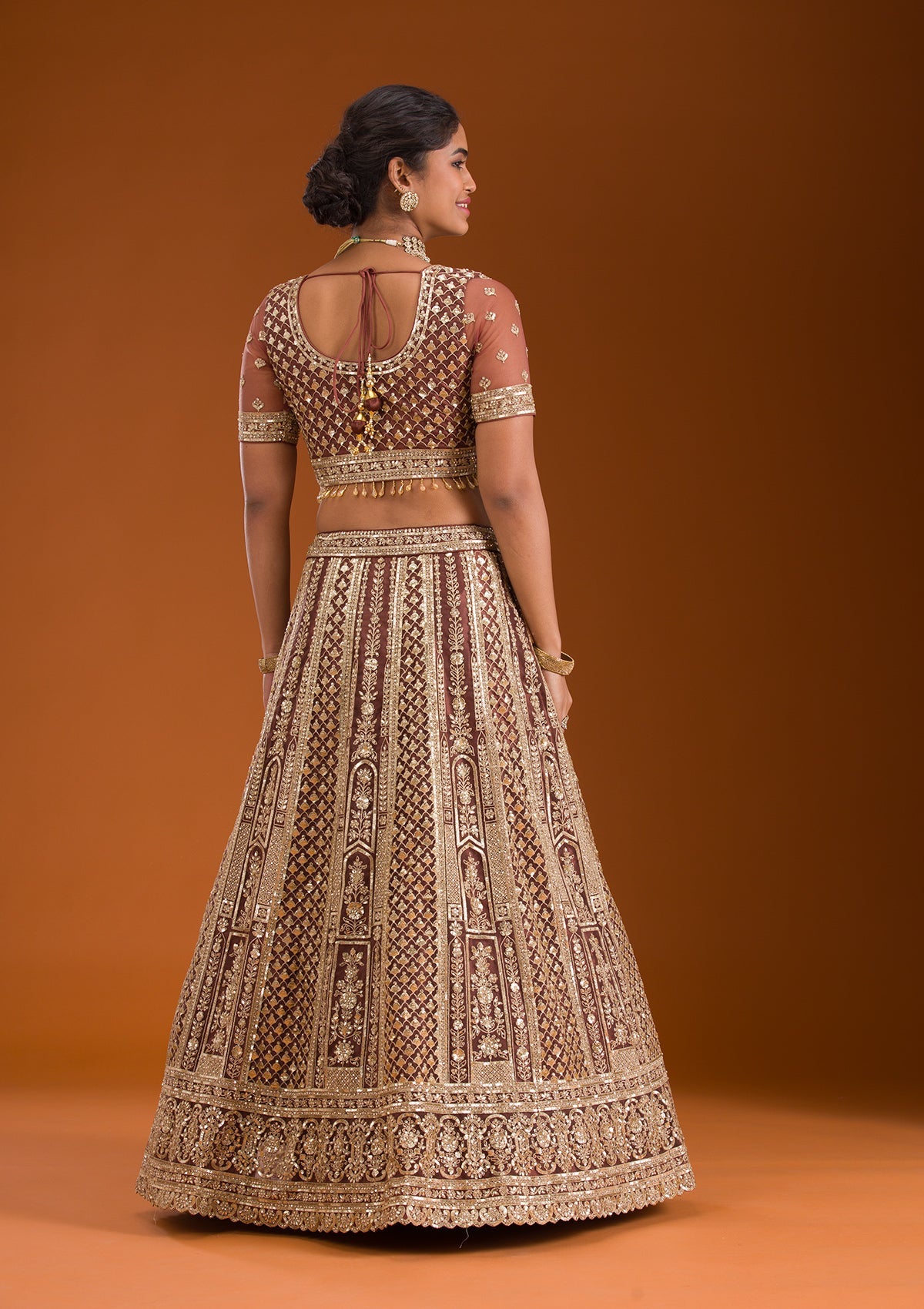 Rust Zariwork Net Readymade Lehenga-Koskii