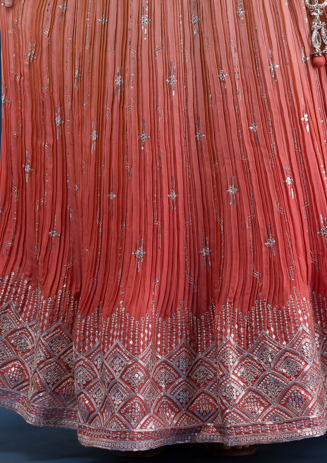 Rust Zariwork Semi Crepe Readymade Lehenga-Koskii