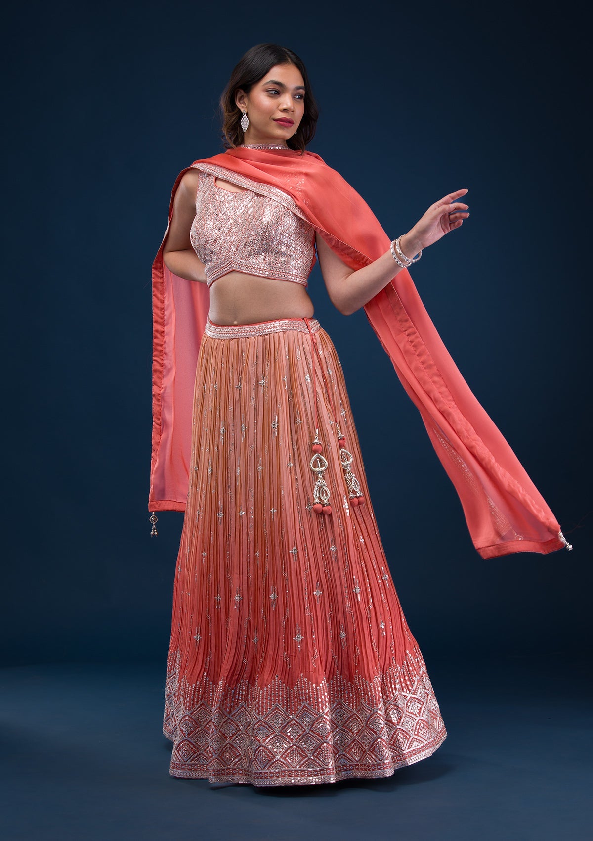 Rust Zariwork Semi Crepe Readymade Lehenga-Koskii